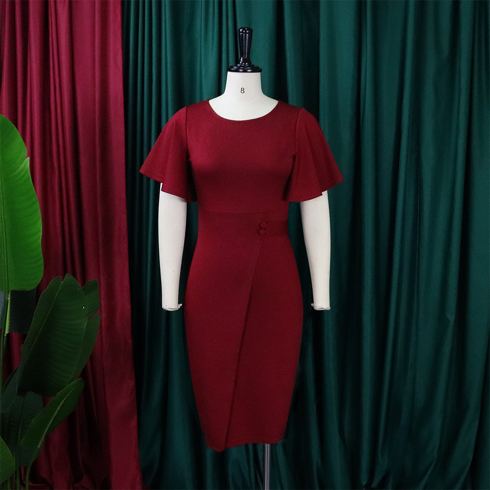 Autumn Professional Red Ruffle Sleeves Pencil Office Dress 3