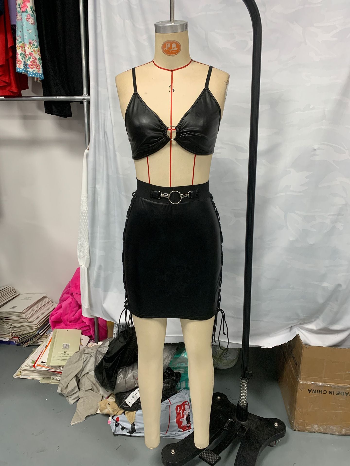 Women Pu Leather Sexy Lingerie Lace-Up Cutout Bodycon Dress 10