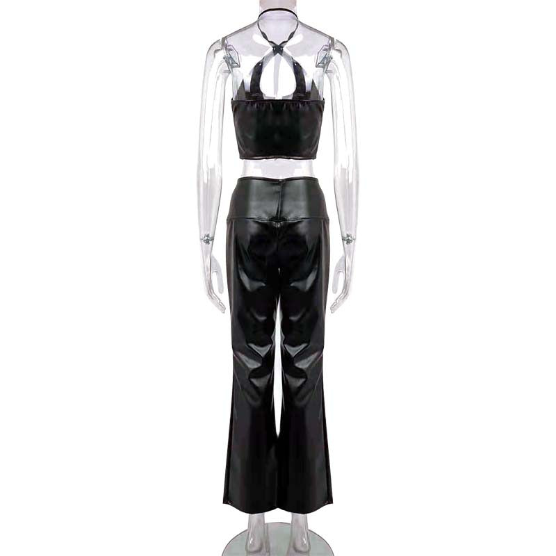 Women Sexy Halter Neck Lace-Up Top and Pu-Leather Pants Two-Piece Set 10