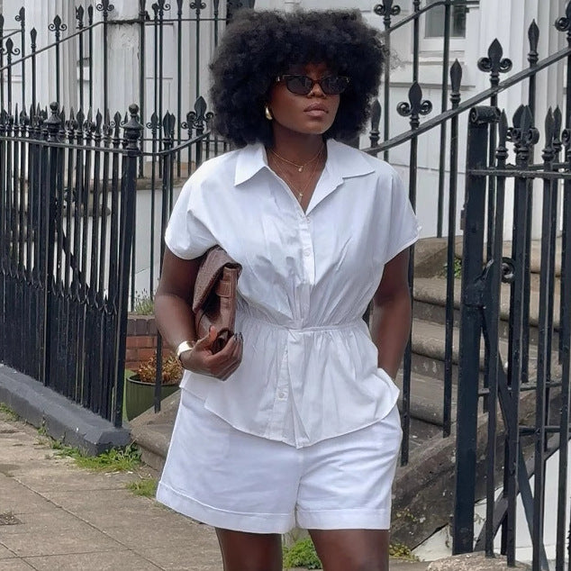 African Women casual turndown collar shirt with solid shorts two-piece set 4