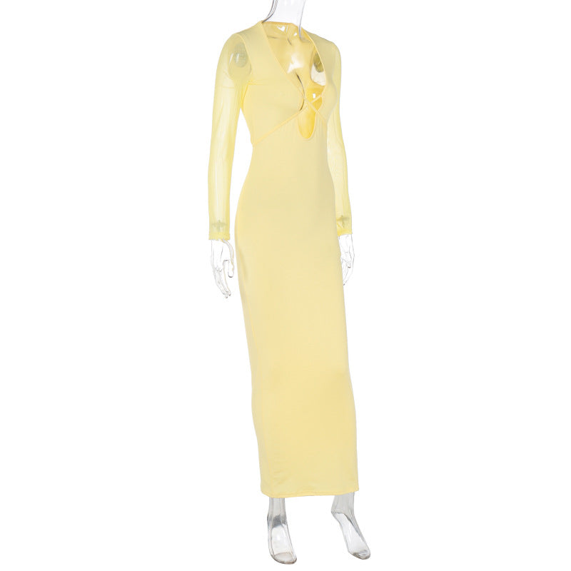 Women autumn and winter hollow mesh long-sleeved v-neck strappy dress 18