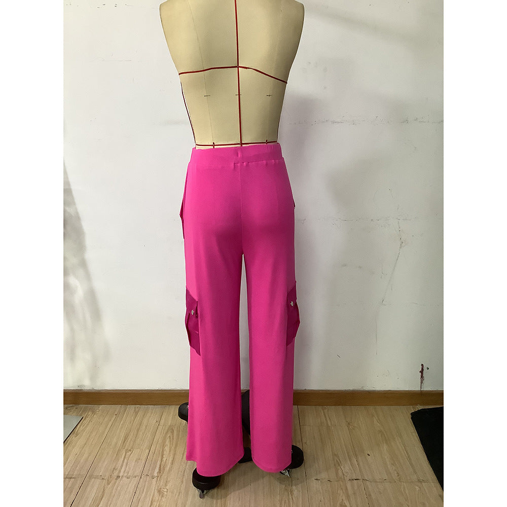 Spring Autumn Street Casual Pocket Pink Cargo Pants Women's Wide Leg Loose Trousers 9
