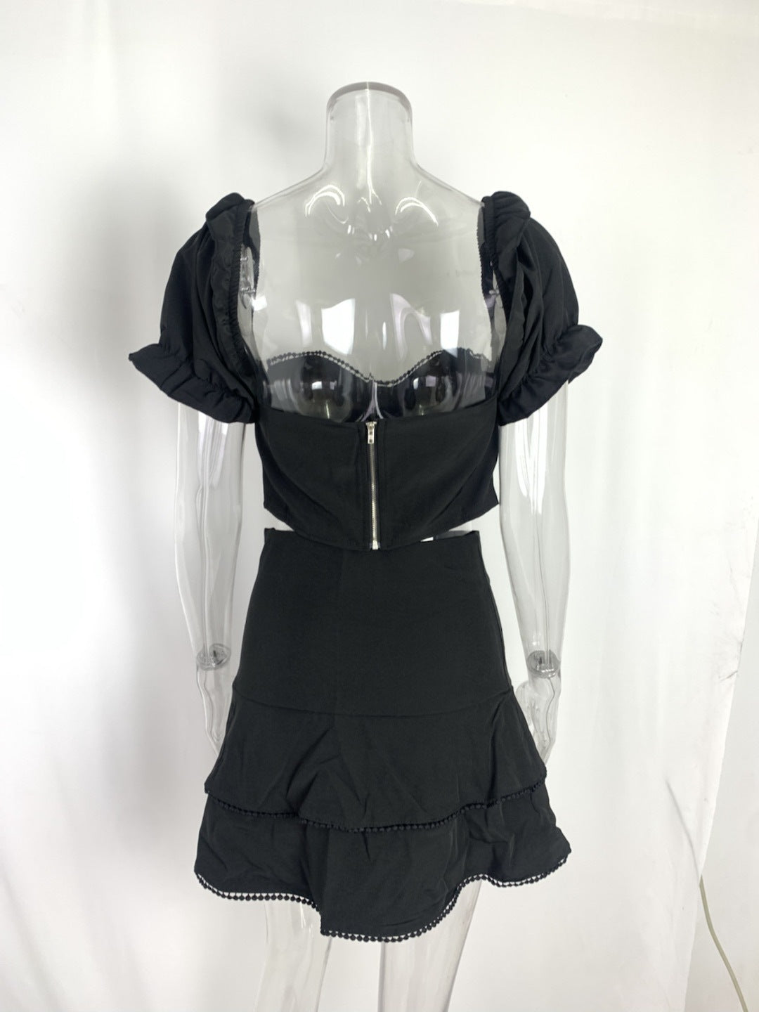 Women Sexy Printed Puff Sleeve Top and Skirt Casual Two-piece Set 13