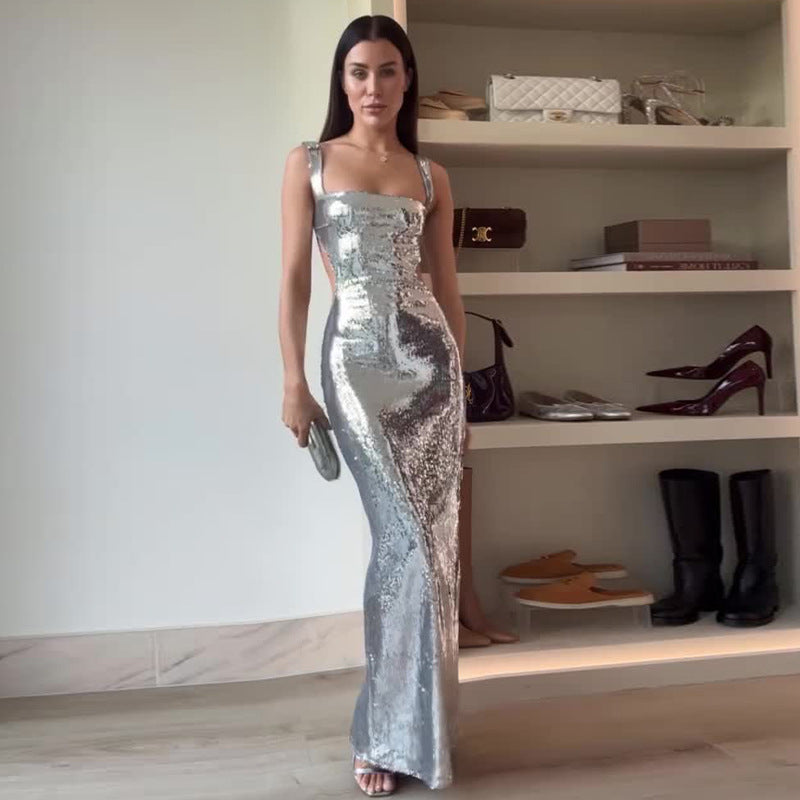 Summer Fashion Metallic Luxury Sexy Backless Slim Women Evening Dress