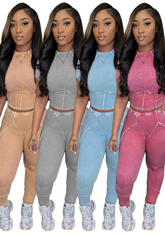 Women washed Ribbed short-sleeved top and trousers two-piece set 6