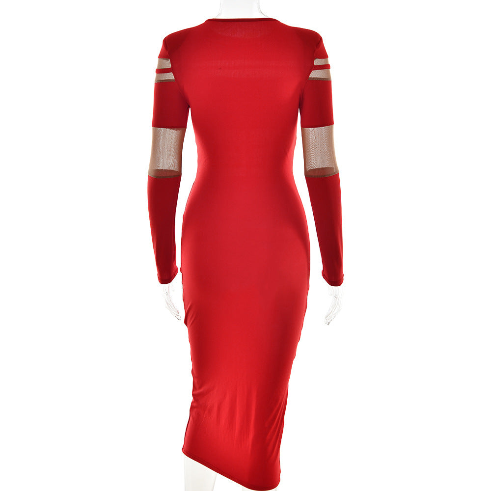 Autumn Winter Fashion Mesh Patchwork See-Through Sexy Chic Slim Long Sleeve Bodycon Long Dress 9