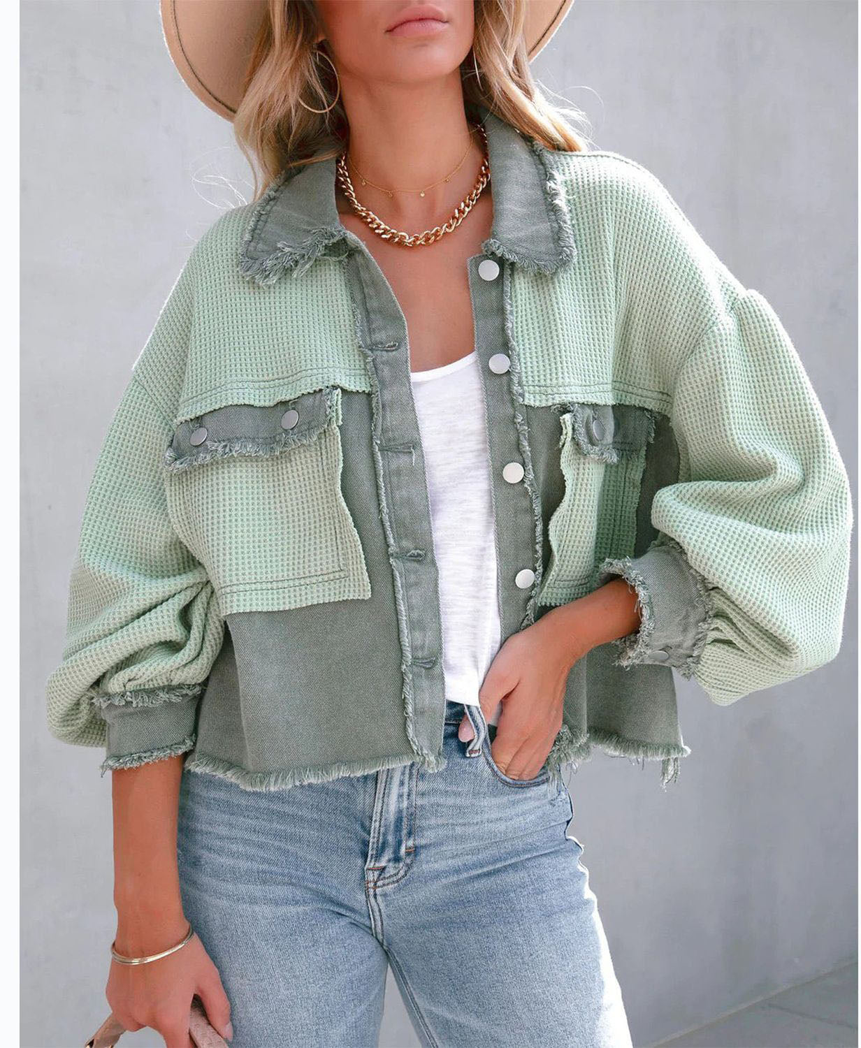 Autumn Winter Waffle Patchwork Casual Fashion Jacket 3