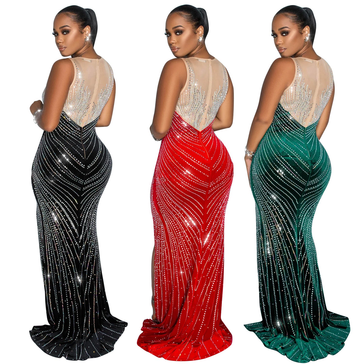 Spring Velvet Patchwork Mesh Beaded Sleeveless Nightclub Long Dress 10
