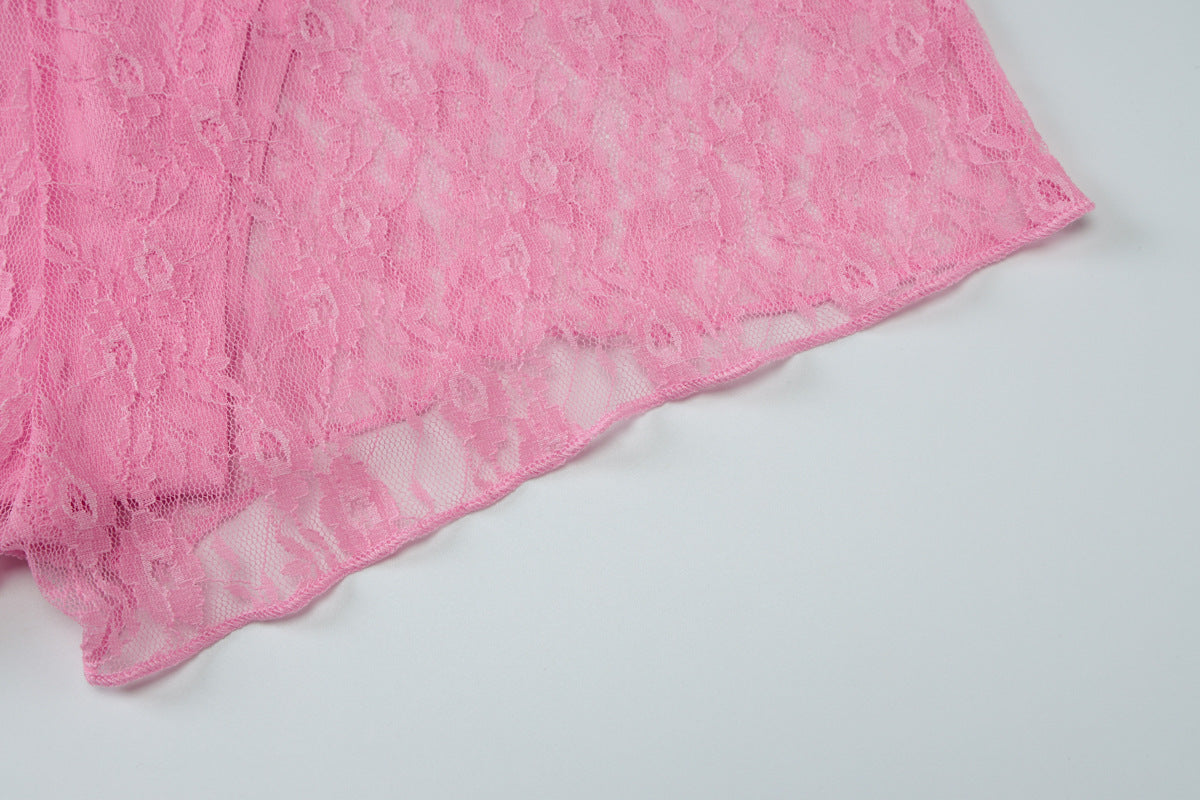 Women summer sexy See-Through Lace Patchwork V-neck Top and shorts two-piece set 17