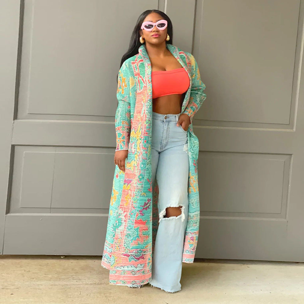 Pleated Printed Plus Size Long Jacket for Women 5