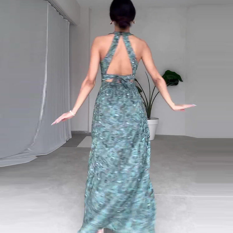 Summer Fashion Print Round Neck Sleeveless Sexy Low Back Long Dress For Women 3