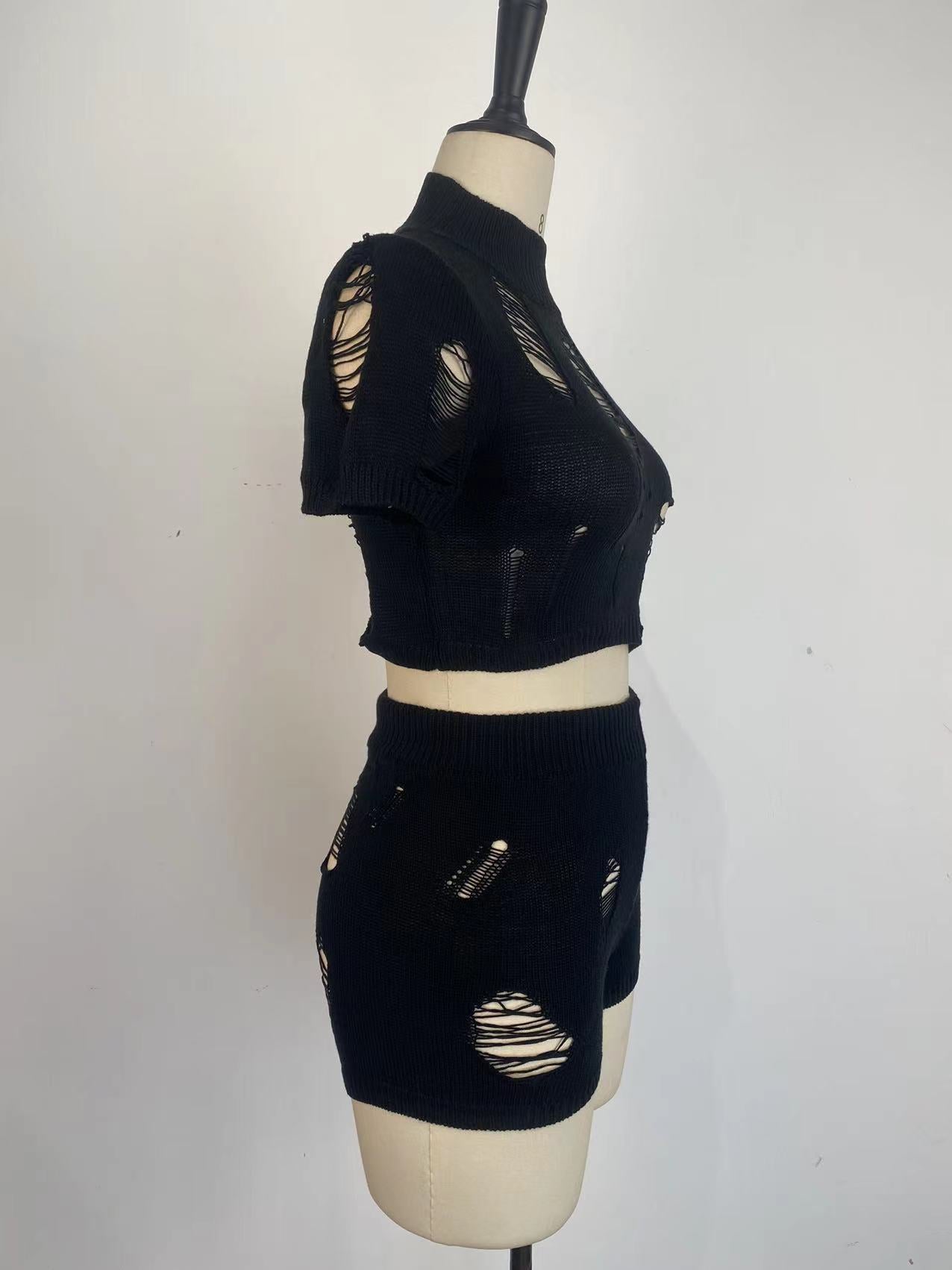 Women Fashion Knitting Tight Fitting Hollow Out Sexy Two Piece Shorts Set Spring Summer 19