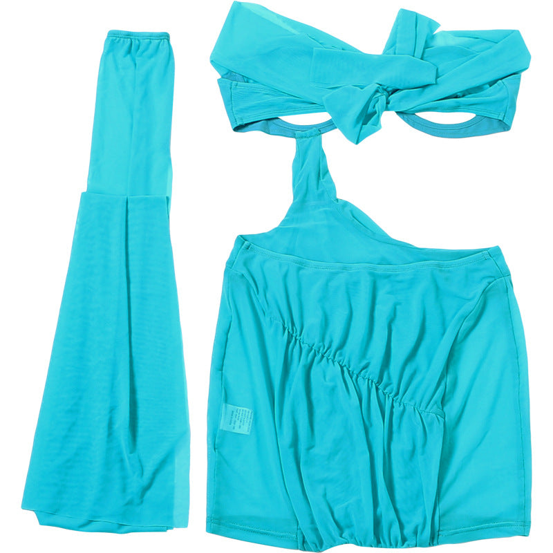 Autumn Sexy See-Through Irregular Low Back Lace-Up Bodycon Short Dress Women's Clothing 16