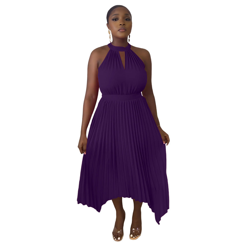 Women Casual Sleeveless Clipped Pleated Halter Neck Dress 10