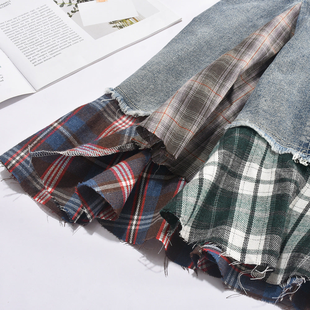 Women's Strapless Sexy Contrast Plaid Patchwork Stretch Denim Dress 11