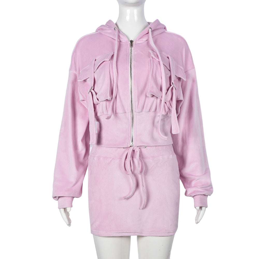 Women autumn and winter long-sleeved hooded Hoodies fleece and Skirt two-piece set 9