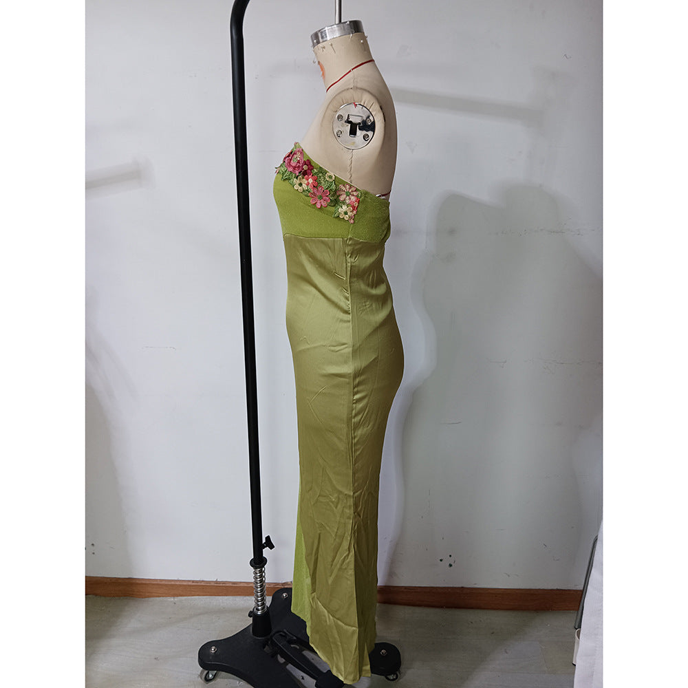 Women Trendy Flower Patchwork French Holidays Strapless Dress 8