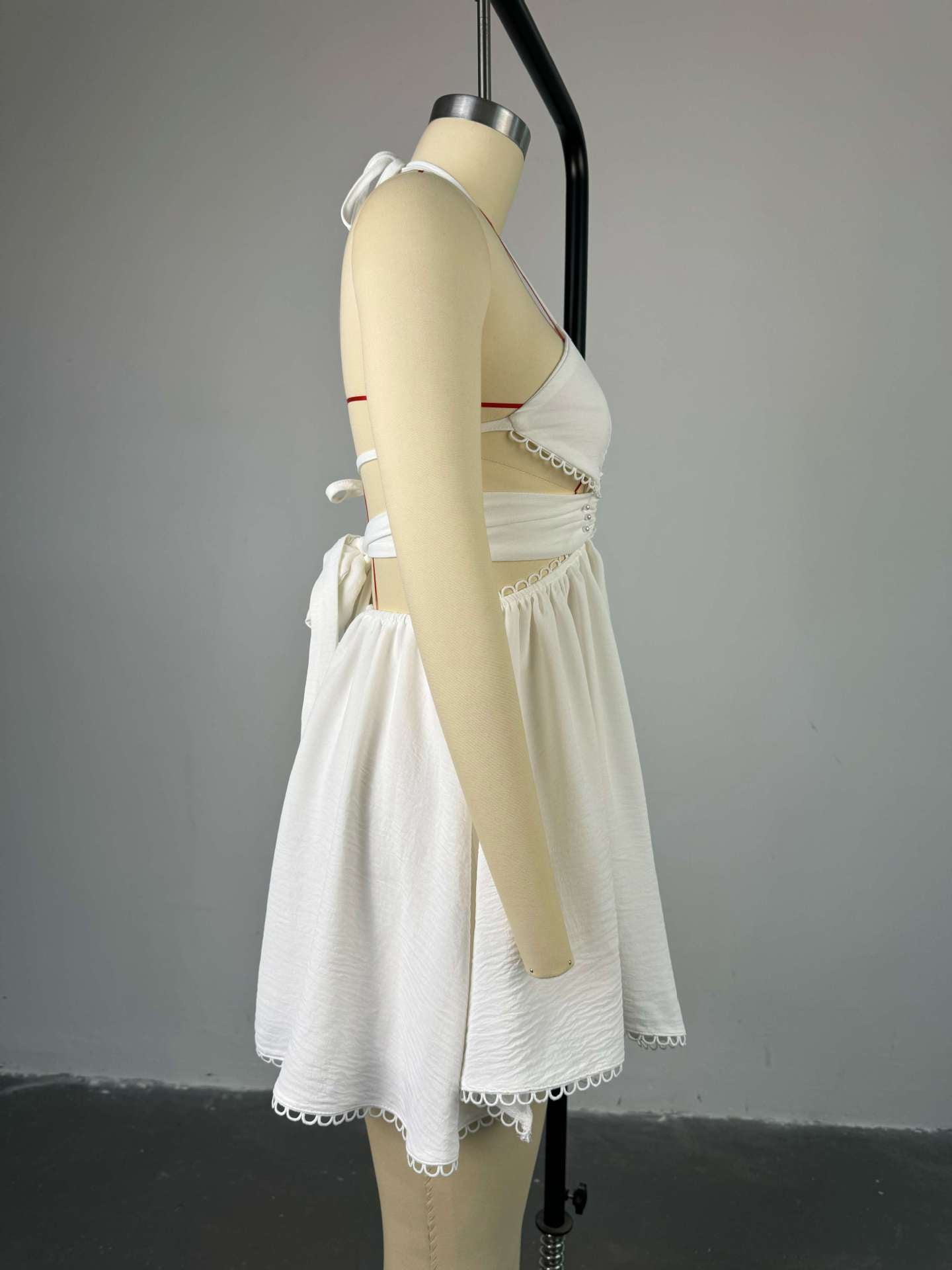 Women's Autumn Halter Neck Tie Beaded High Waist Short Dress 7