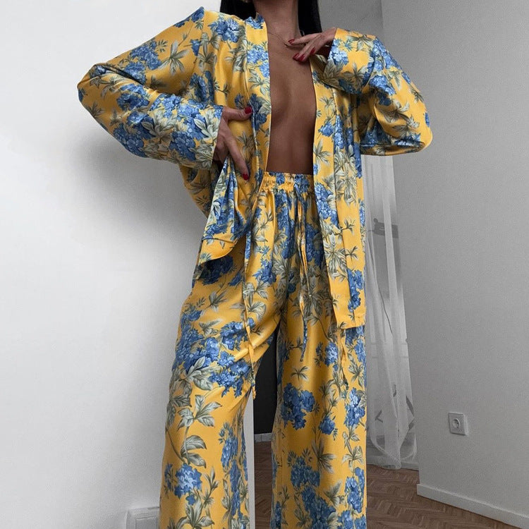 Women Autumn and Winter Satin Print Long Sleeve Lace-Up Top Wide Leg Pants Two-Piece Set 4