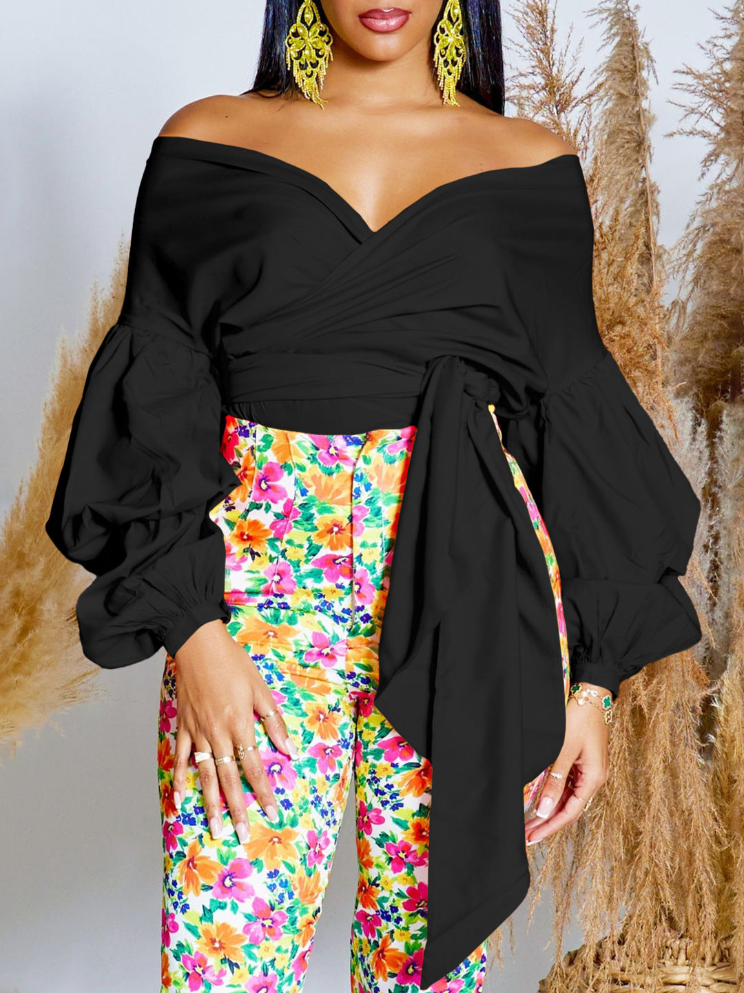 Summer Fashion Solid Color Off-Shoulder Cross Lace-Up Puff Sleeve Sexy V-Neck Shirt African Top 7