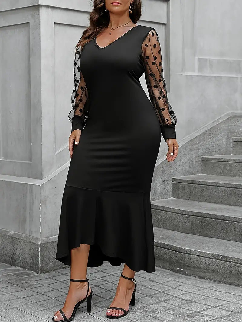 Plus Size Women v-neck sexy Bodycon lace Patchwork fishtail skirt