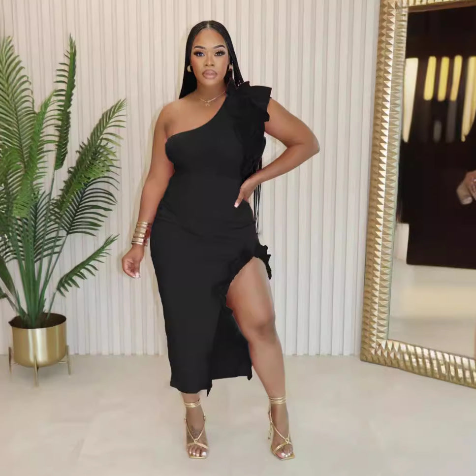 Solid Ruffled Slash Shoulder Slit Two Piece Skirt Set 5