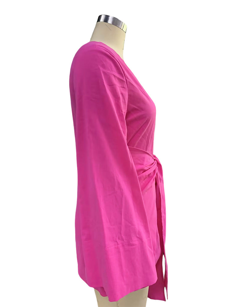 Ladies Fashion Chic Bell Bottom Sleeve V Neck Linen Dress 17