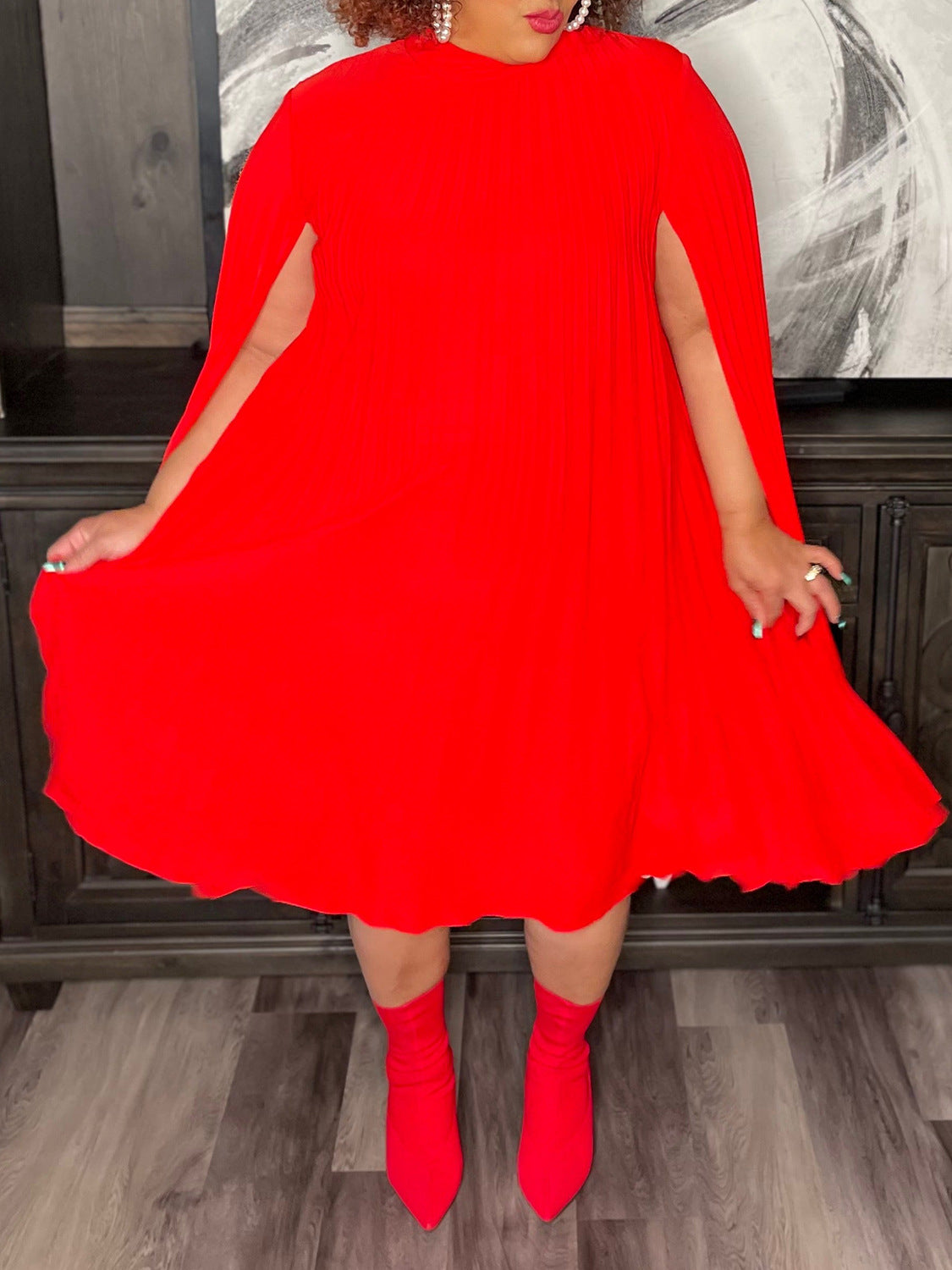 Women's Fashion Chic Elegant Cape Sleeve Loose Pleated Plus Size African Dress