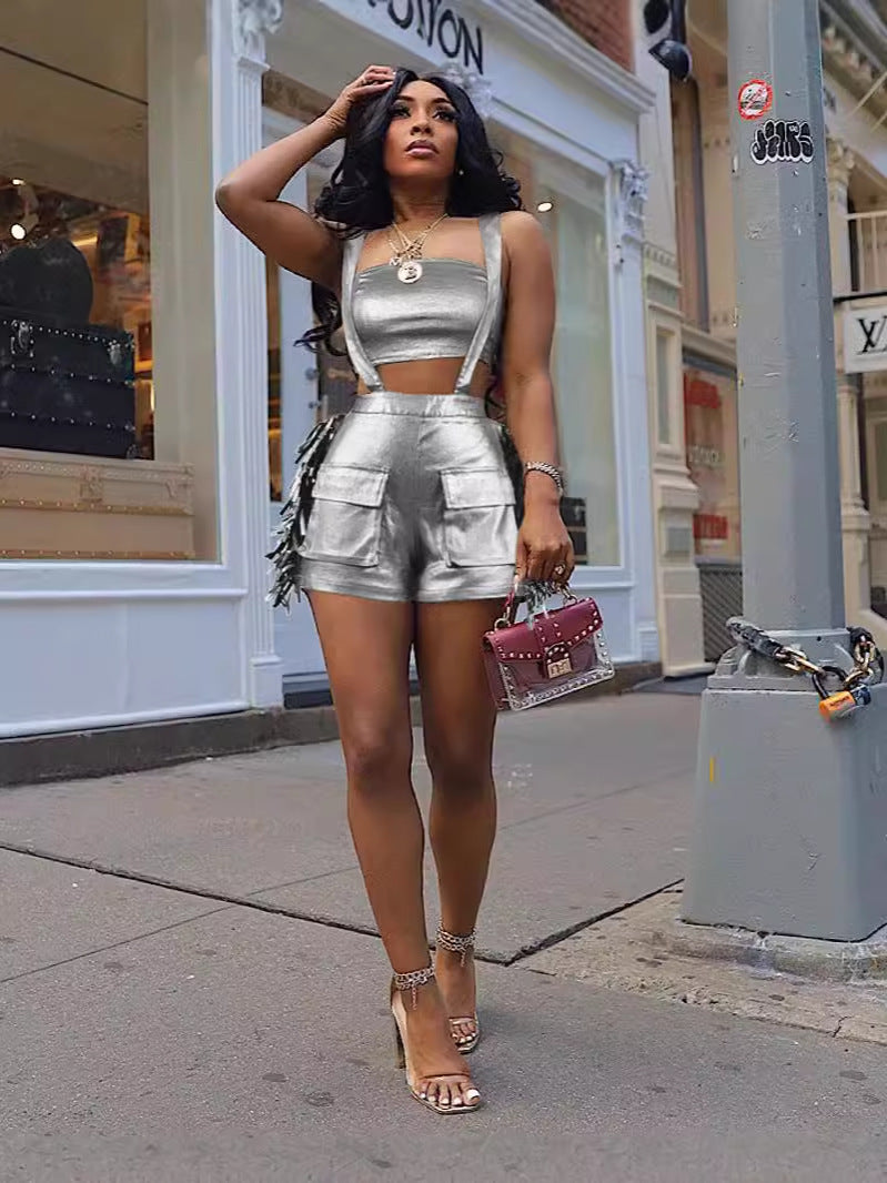 Women Sexy Wrapped Chest And Tassel Bib Shorts two piece Set 8