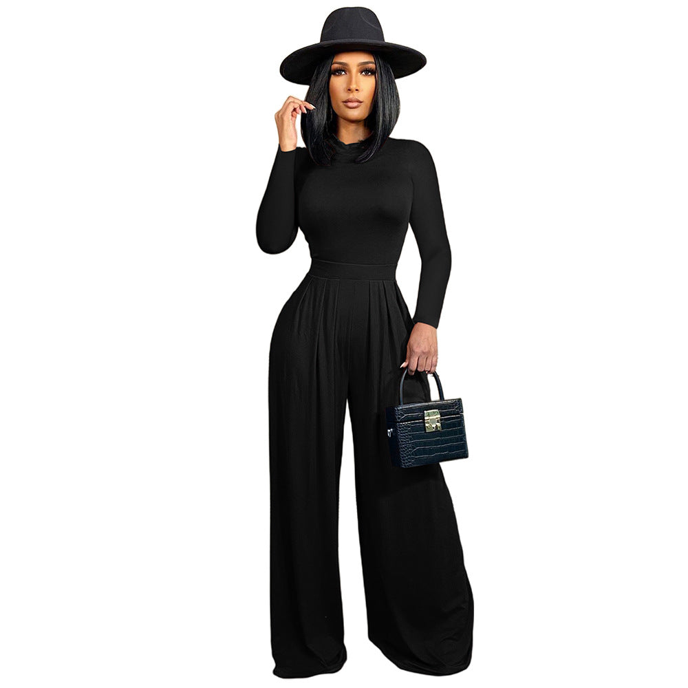 Women'S Fashion Solid Color Long Sleeve Top Wide Leg Pants Two Piece Set 8