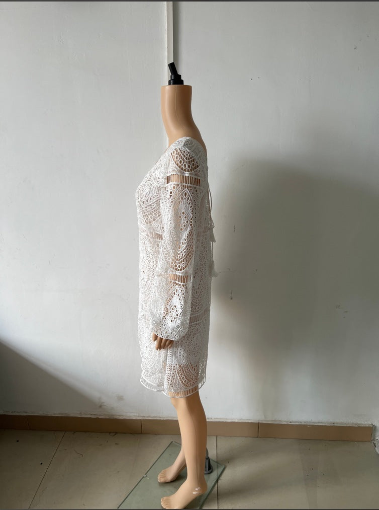 Spring/Summer Women's Lace Long-Sleeved V-Neck Solid Color Chiffon Dress 8