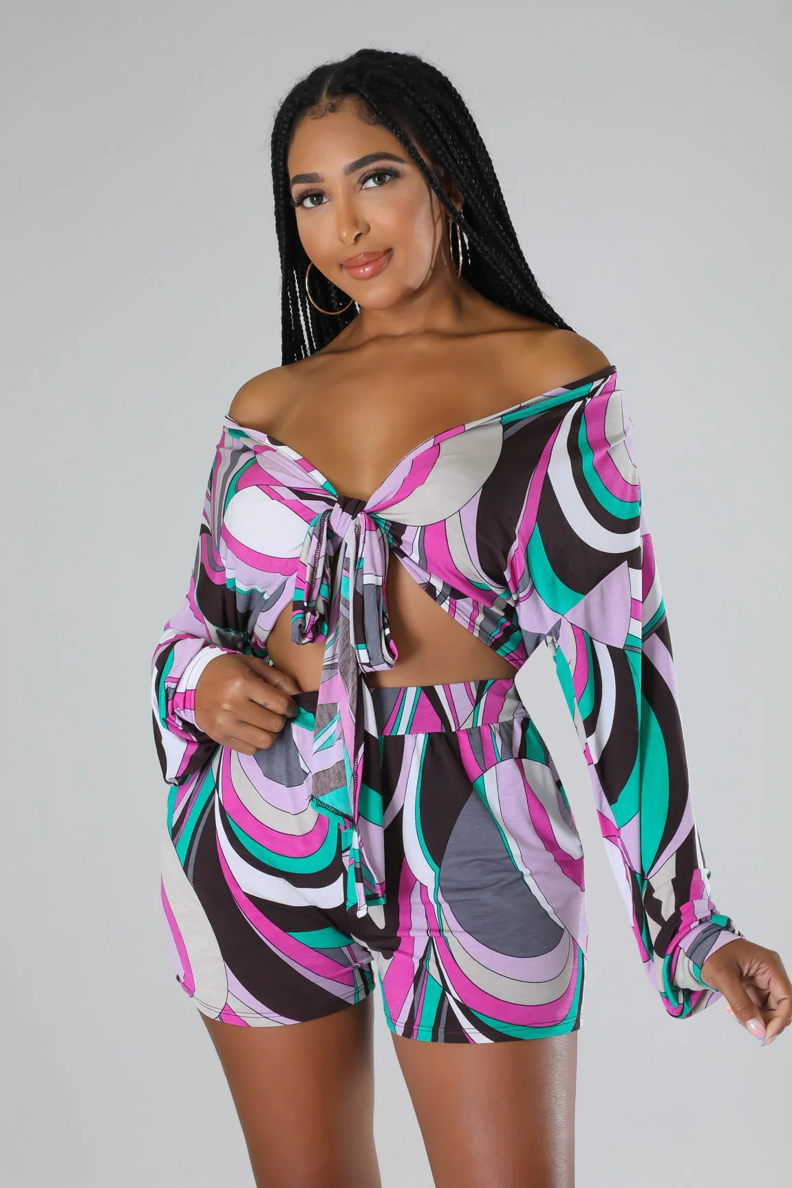 Women Printed Lace-Up Long Sleeve Shirt and Shorts Holidays Two-Piece Set 4