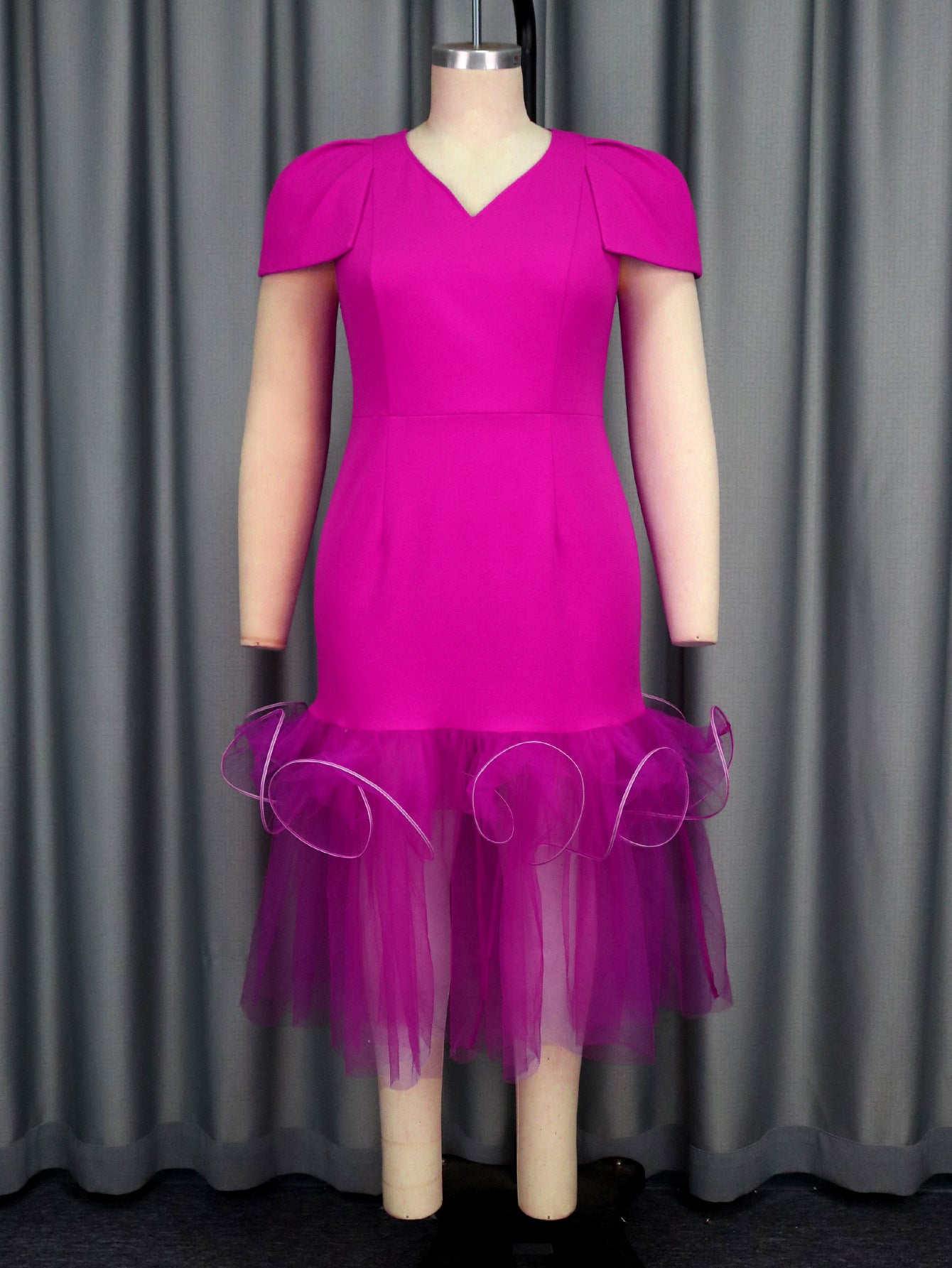 Fashion V-Neck Puff-Sleeve Mesh Patchwork Fashion Fishtail Party Dress 5