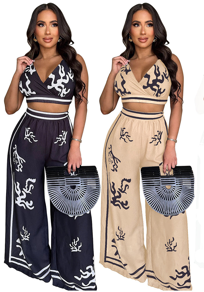 Summer Sexy Print Halter V Neck Vest Wide Leg Pants Two Piece Set