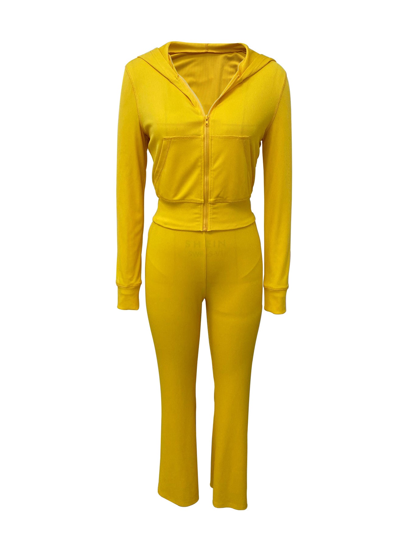 Women's Fashion Rib Zipper Hoodie Slim Bell Bottom Sports Pants Yoga Two Piece Set 7