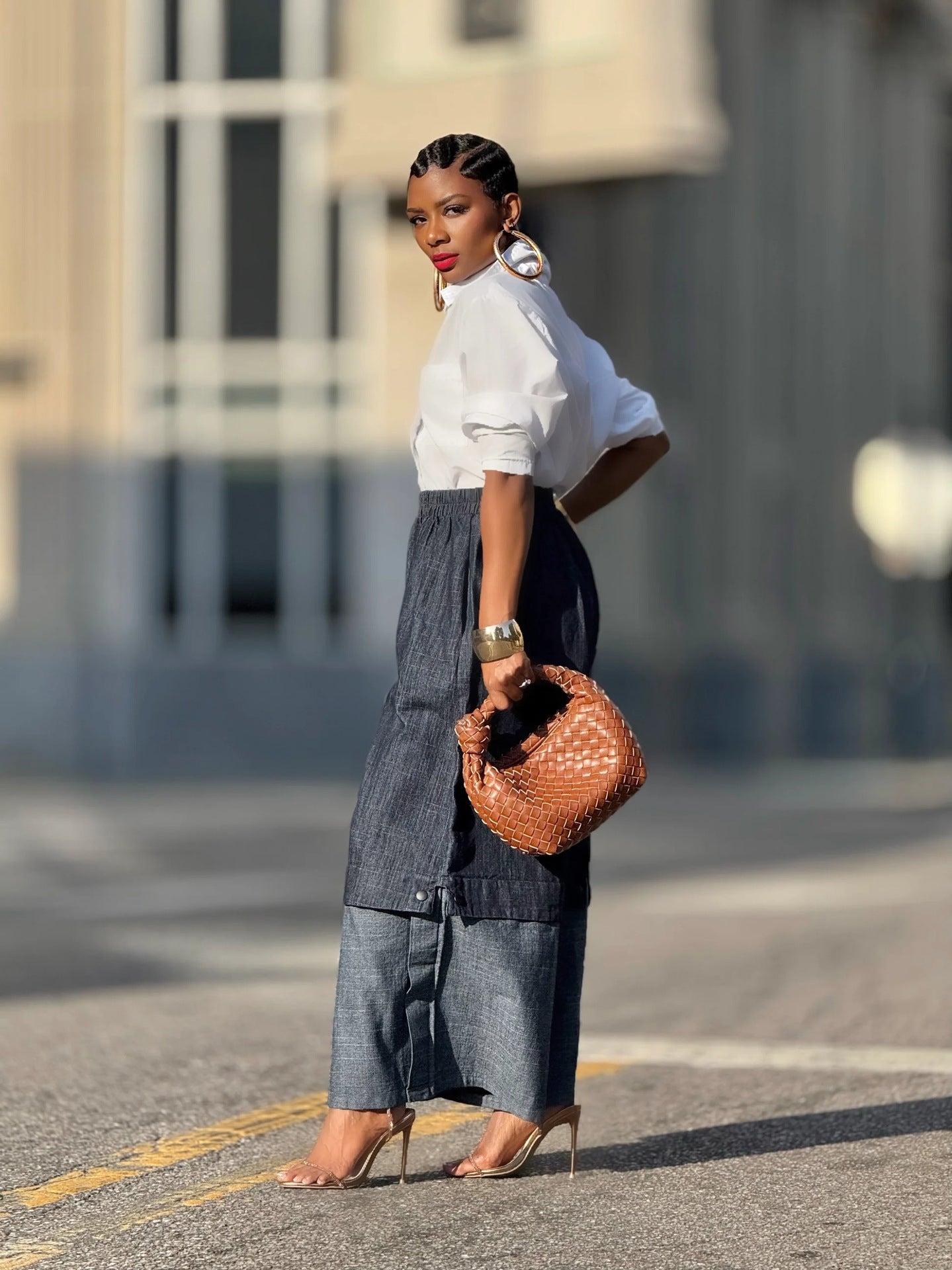 Street Style Patchwork Color-Block Wide-Leg Denim Pants 5