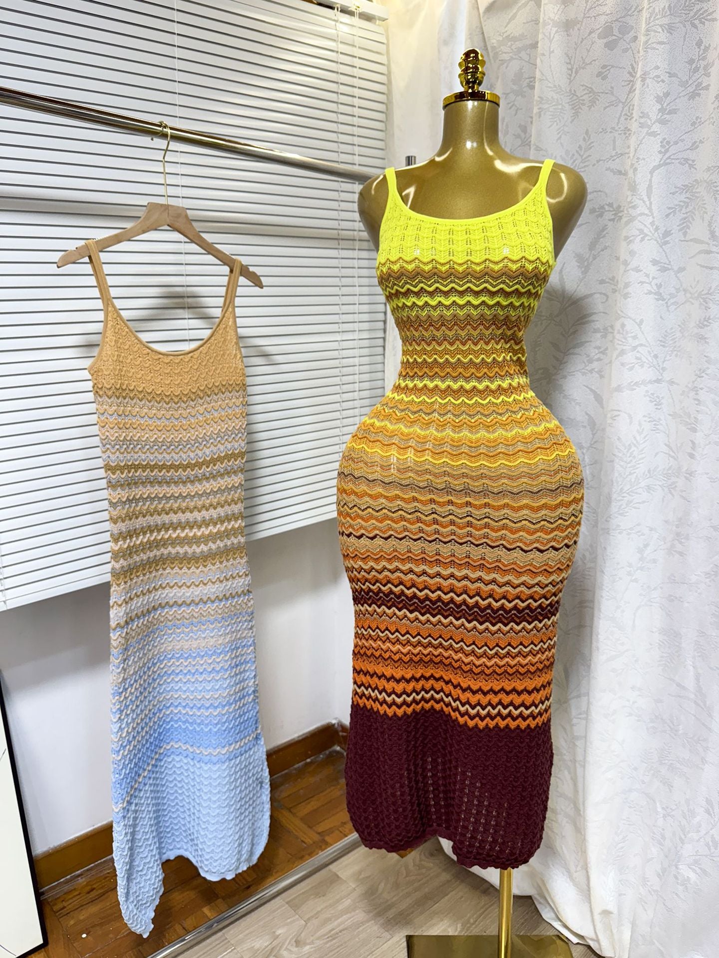 Women's Summer Strap Knitting Gradient Color Slim Bodycon Long Dress 5