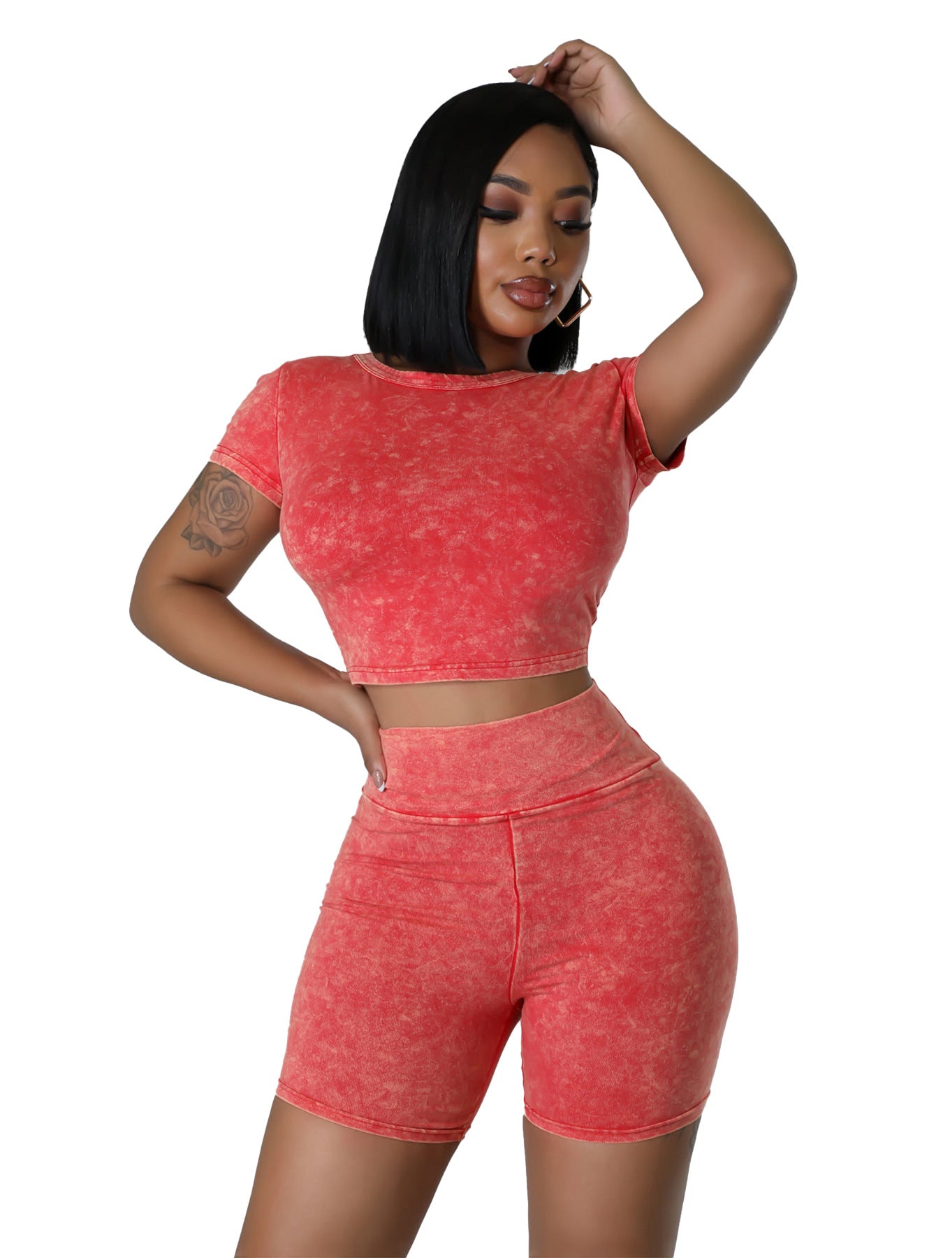 Fashionable Women's Clothing Solid Color Cotton Blending Short Sleeve High-Waisted Two-Piece Shorts Set 7