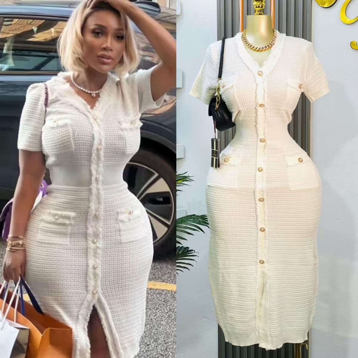 Women V-neck tassel slit knitting dress