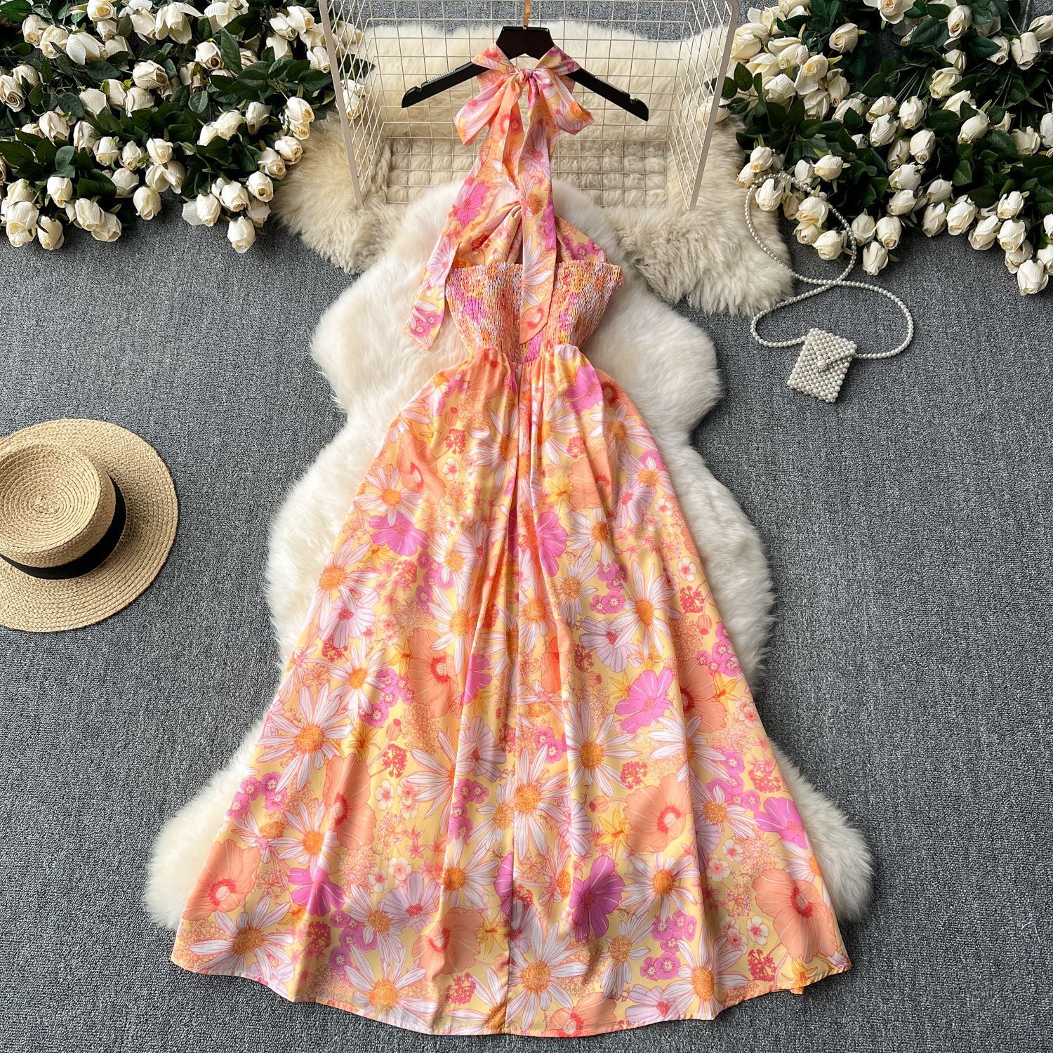 Sexy Cut-Out Halter Neck Strap Dress Women's Slim Waist Chic Holiday Floral Dress 4