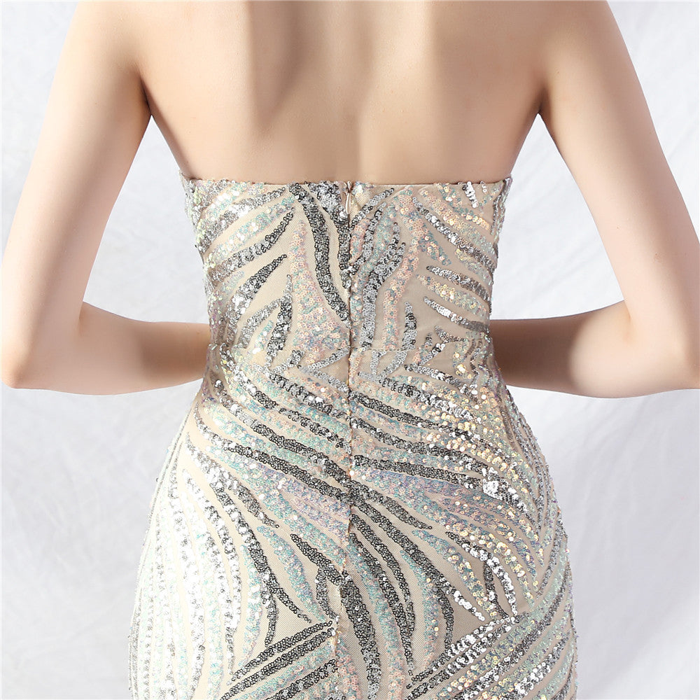 Sequin Mesh Patchwork Strapless Mermaid Evening Dress 39