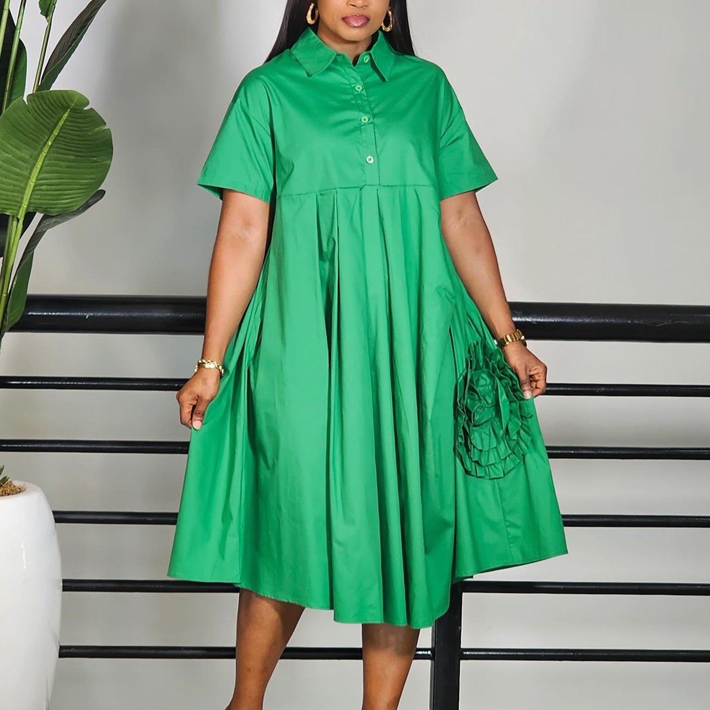 Women's African Short Sleeve Solid Color A-Line Shirt Dress 4