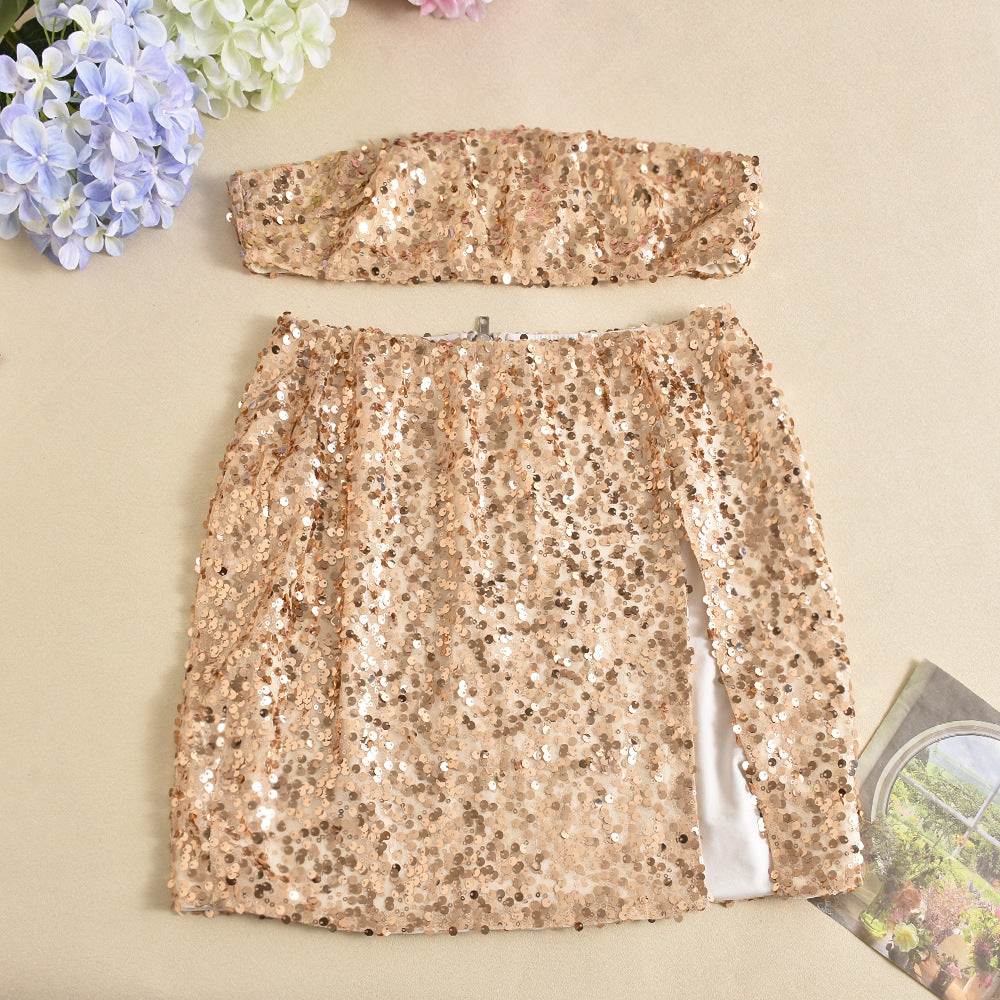 Women Summer Crop Backless Split Sequin Strapless Top and Skirt Two Piece Set 8