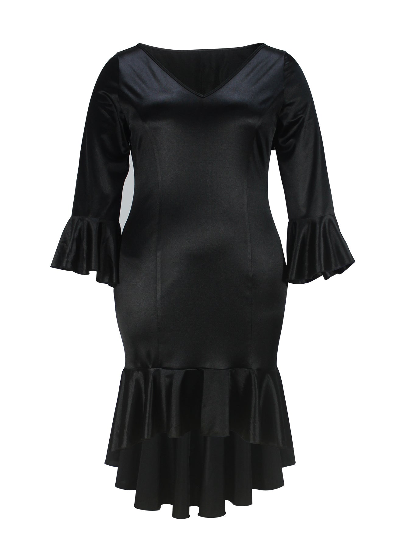 Plus-Size Women Bell Bottom Sleeve V-Neck Sexy Fishtail Bodycon Dress 5