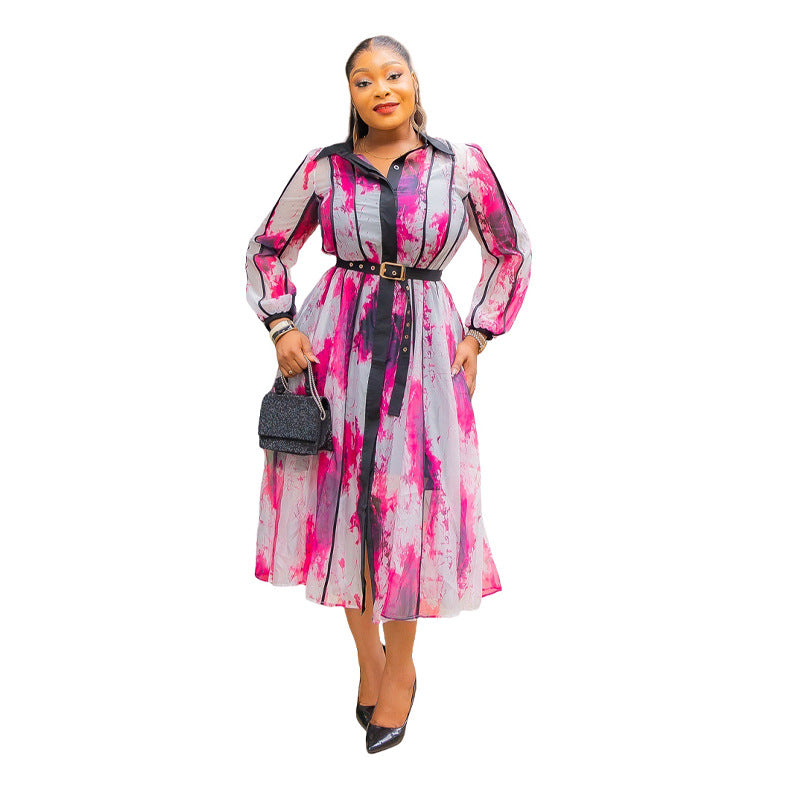 Women's Fashion Contrast Color Turndown Collar Elegant Shirt Dress 6