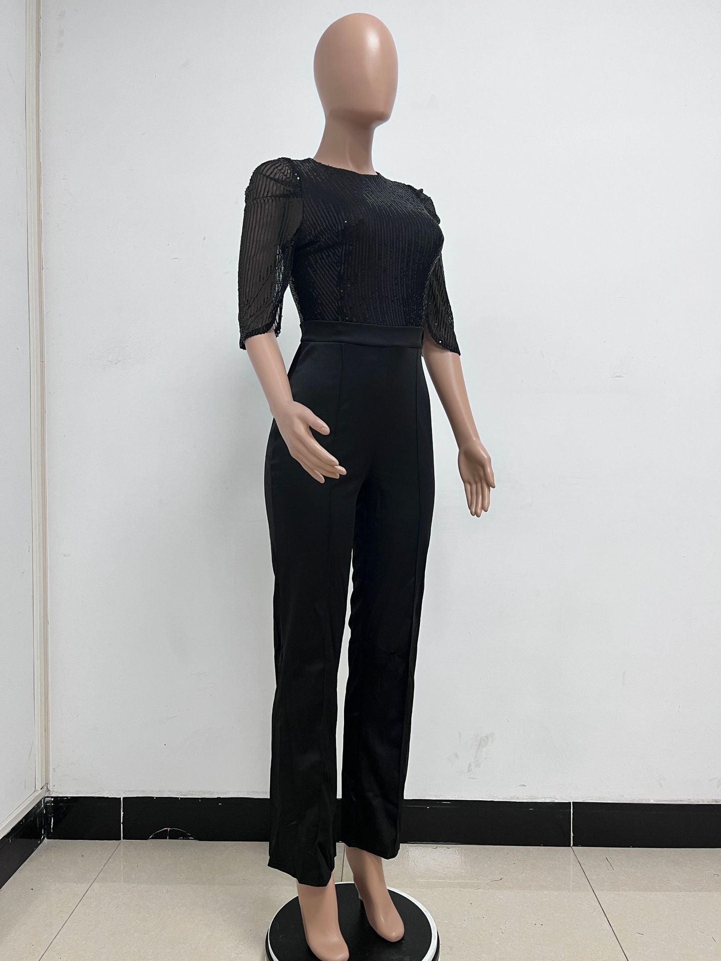 Women's Fashion Sequins Half Sleeve Wide-Leg Chic Ladies Jumpsuit 13
