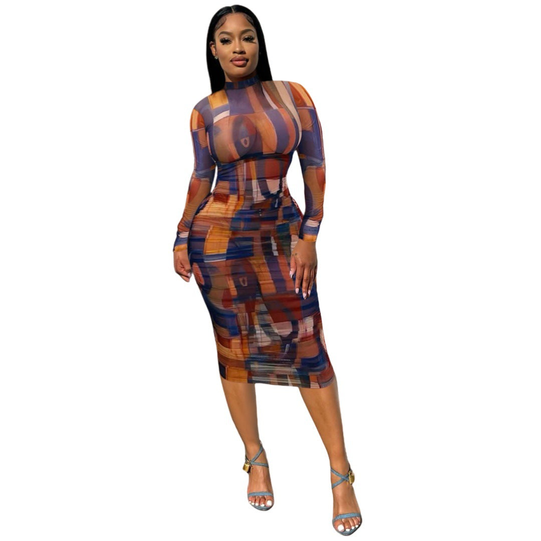 Women Elegant Printed Mesh Pleated Dress 3