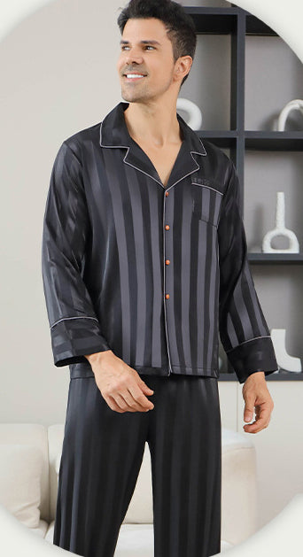 Ice Silk Couple's Pajamas Set Long Sleeve Nightwear for Men & Women 11