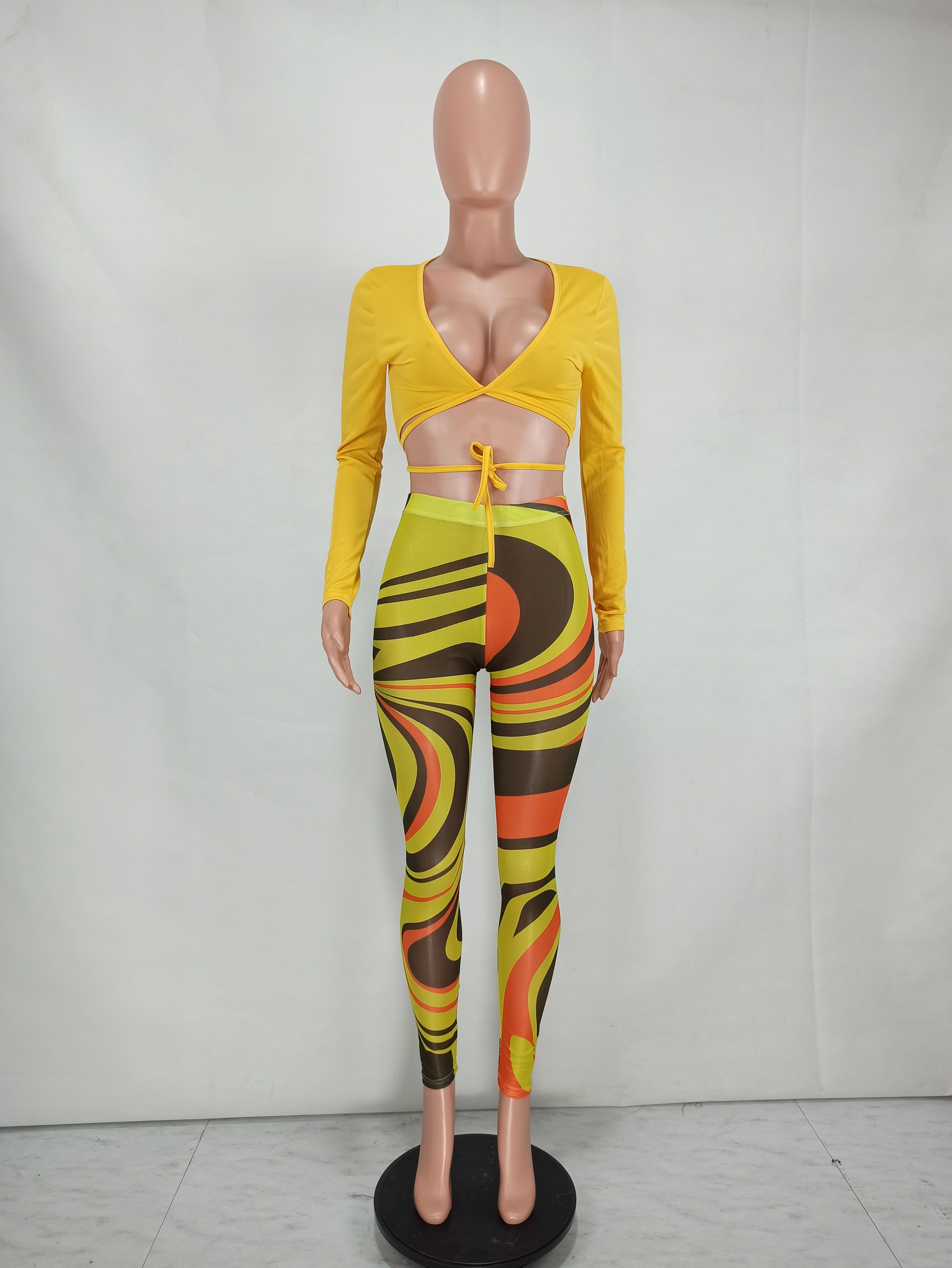 Fall Sexy Yellow Wrap Tied Long Sleeve Crop Top and Printed Tight Pants Set 6