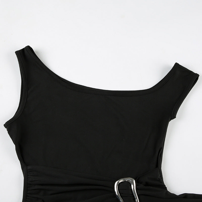 Women American asymmetrical off-shoulder metal button streamer Tank Top 11